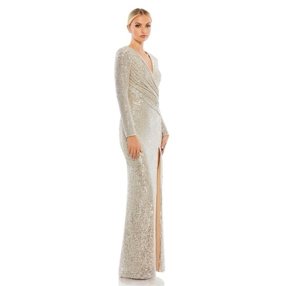 leena By Mac Duggal 26723 Silver Sequin Long Sleeve Formal Maxi Gown sz 8 - Picture 6 of 8